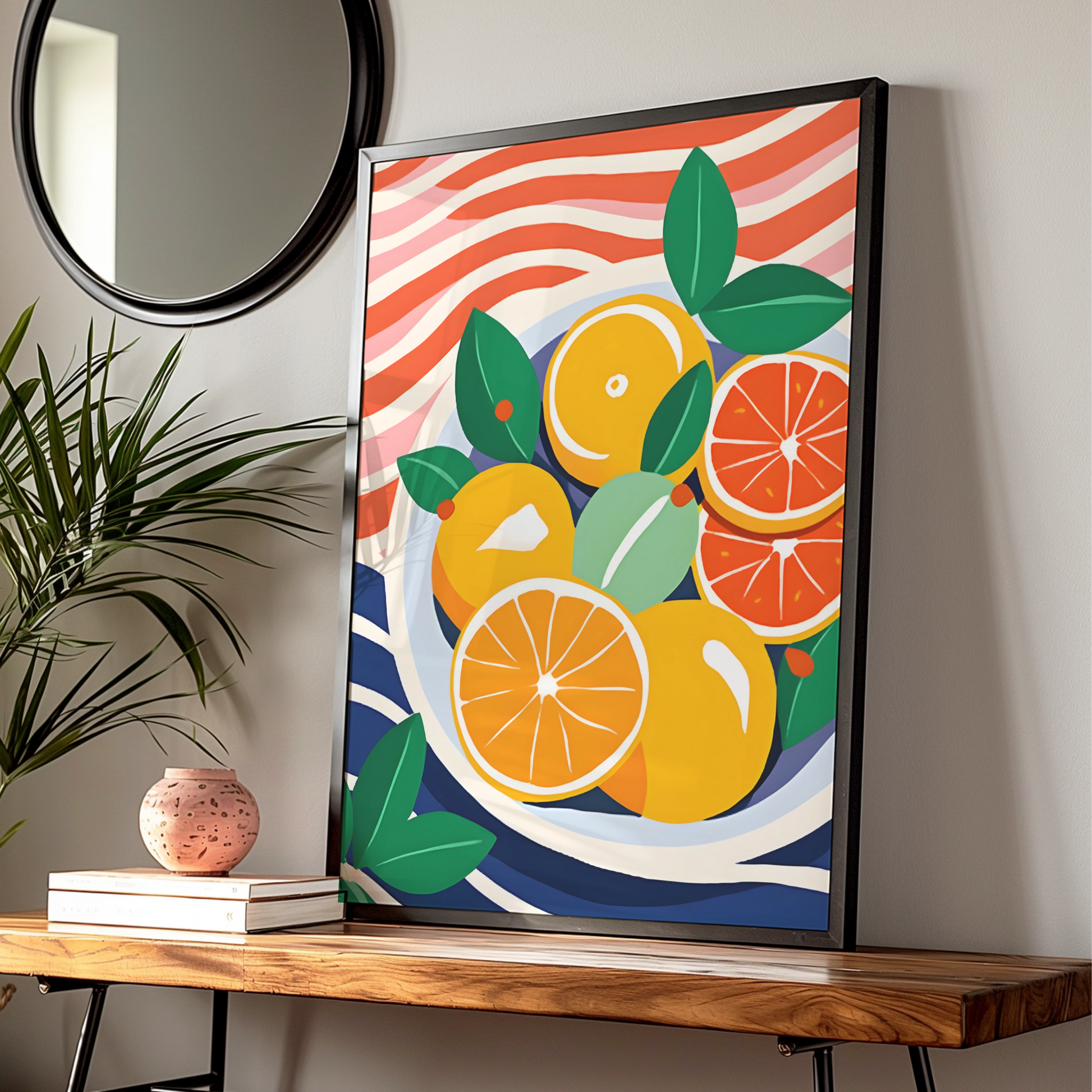 Citrus Fruit Bowl Kitchen Art Print, Orange Poster, Colourful Food Wall Decor