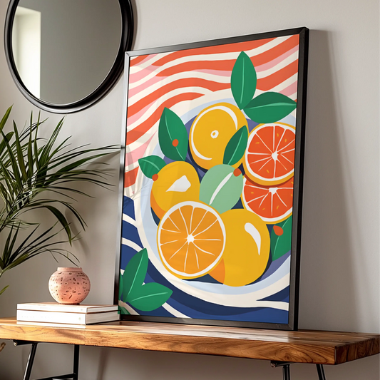 Citrus Fruit Bowl Kitchen Art Print, Orange Poster, Colourful Food Wall Decor