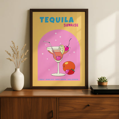 Tequila Sunrise Cocktail Kitchen Art, Retro Bar Cart Poster, Colourful Drinks Wall Print