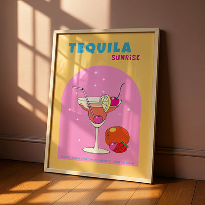 Tequila Sunrise Cocktail Kitchen Art, Retro Bar Cart Poster, Colourful Drinks Wall Print