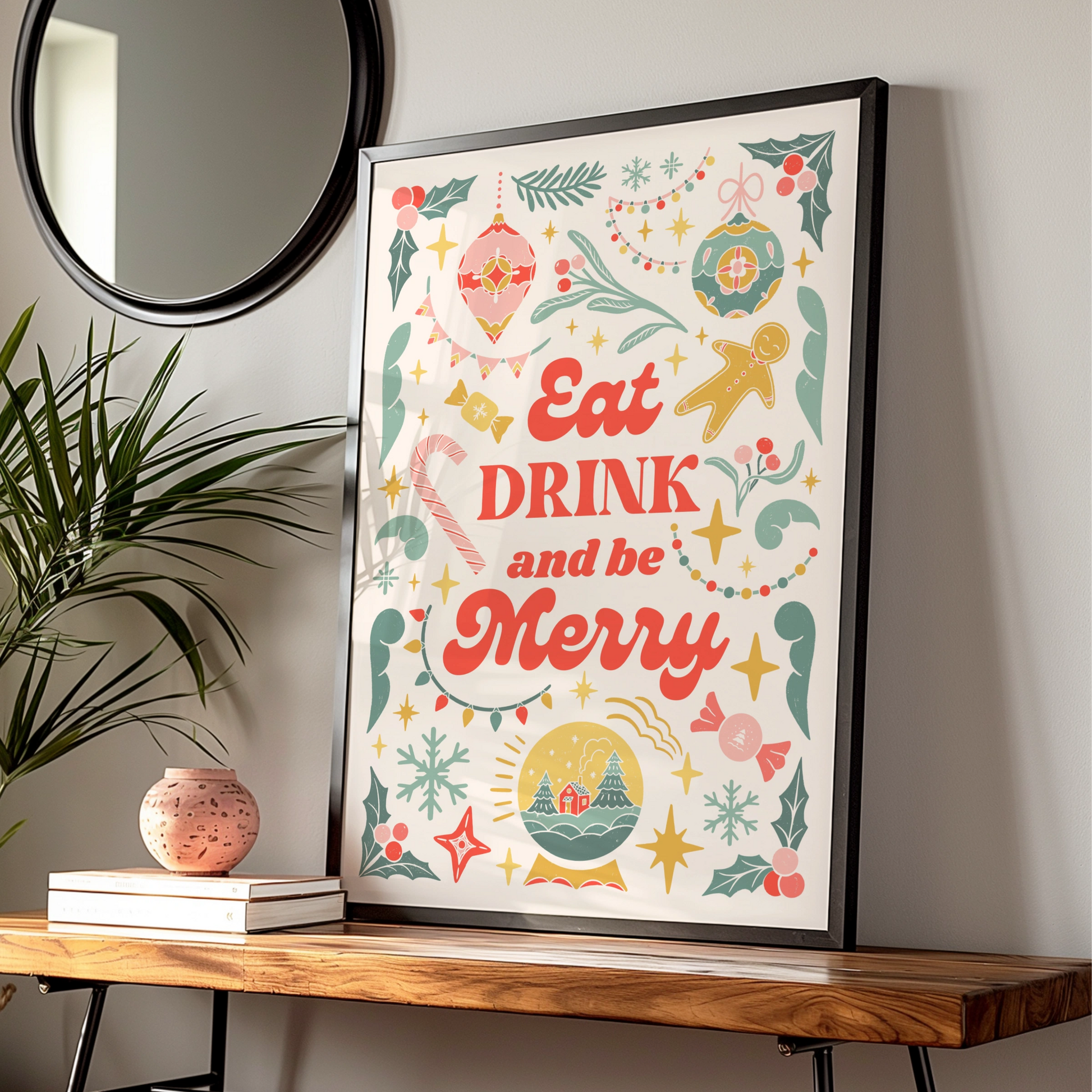 Eat Drink and Be Merry Christmas Kitchen Print, Festive Holiday Wall Art Poster
