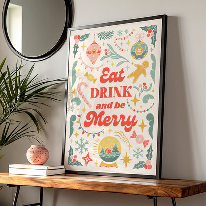 Eat Drink and Be Merry Christmas Kitchen Print, Festive Holiday Wall Art Poster