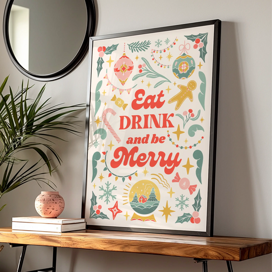 Eat Drink and Be Merry Christmas Kitchen Print, Festive Holiday Wall Art Poster