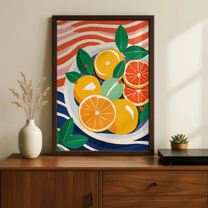 Citrus Fruit Bowl Kitchen Art Print, Orange Poster, Colourful Food Wall Decor