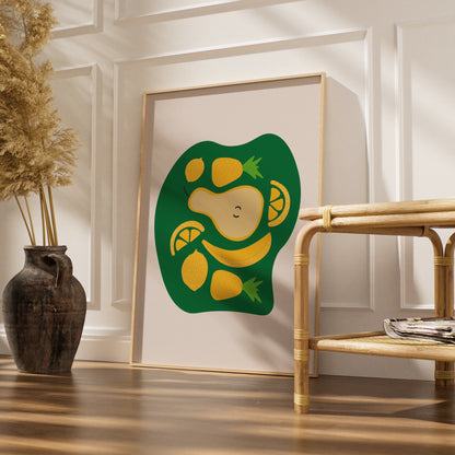 Fruit Kitchen Wall Art, Yellow Green Pear Lemon Banana Pineapple Poster, Fun Kitchen Print