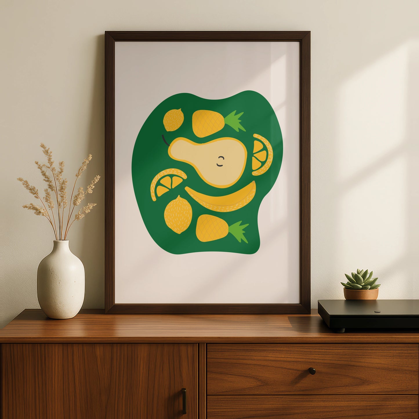 Fruit Kitchen Wall Art, Yellow Green Pear Lemon Banana Pineapple Poster, Fun Kitchen Print