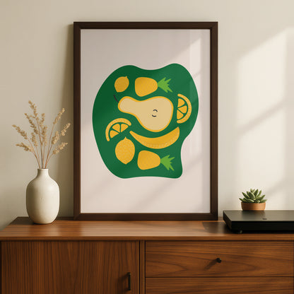 Fruit Kitchen Wall Art, Yellow Green Pear Lemon Banana Pineapple Poster, Fun Kitchen Print