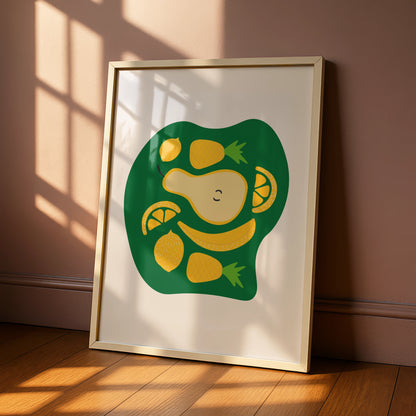 Fruit Kitchen Wall Art, Yellow Green Pear Lemon Banana Pineapple Poster, Fun Kitchen Print
