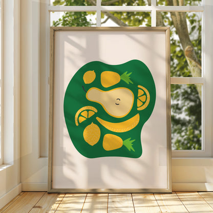 Fruit Kitchen Wall Art, Yellow Green Pear Lemon Banana Pineapple Poster, Fun Kitchen Print