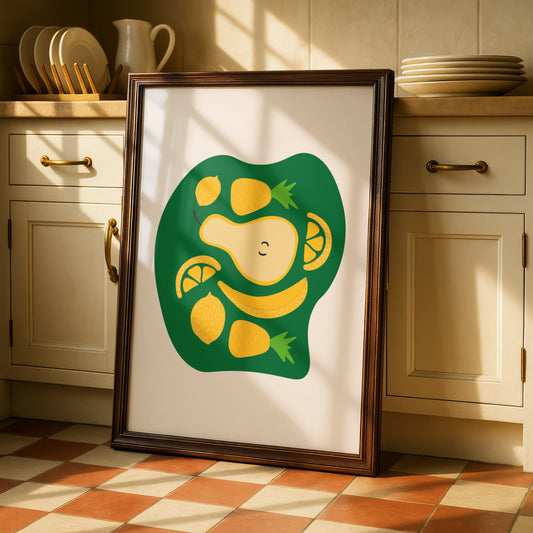 Fruit Kitchen Wall Art, Yellow Green Pear Lemon Banana Pineapple Poster, Fun Kitchen Print