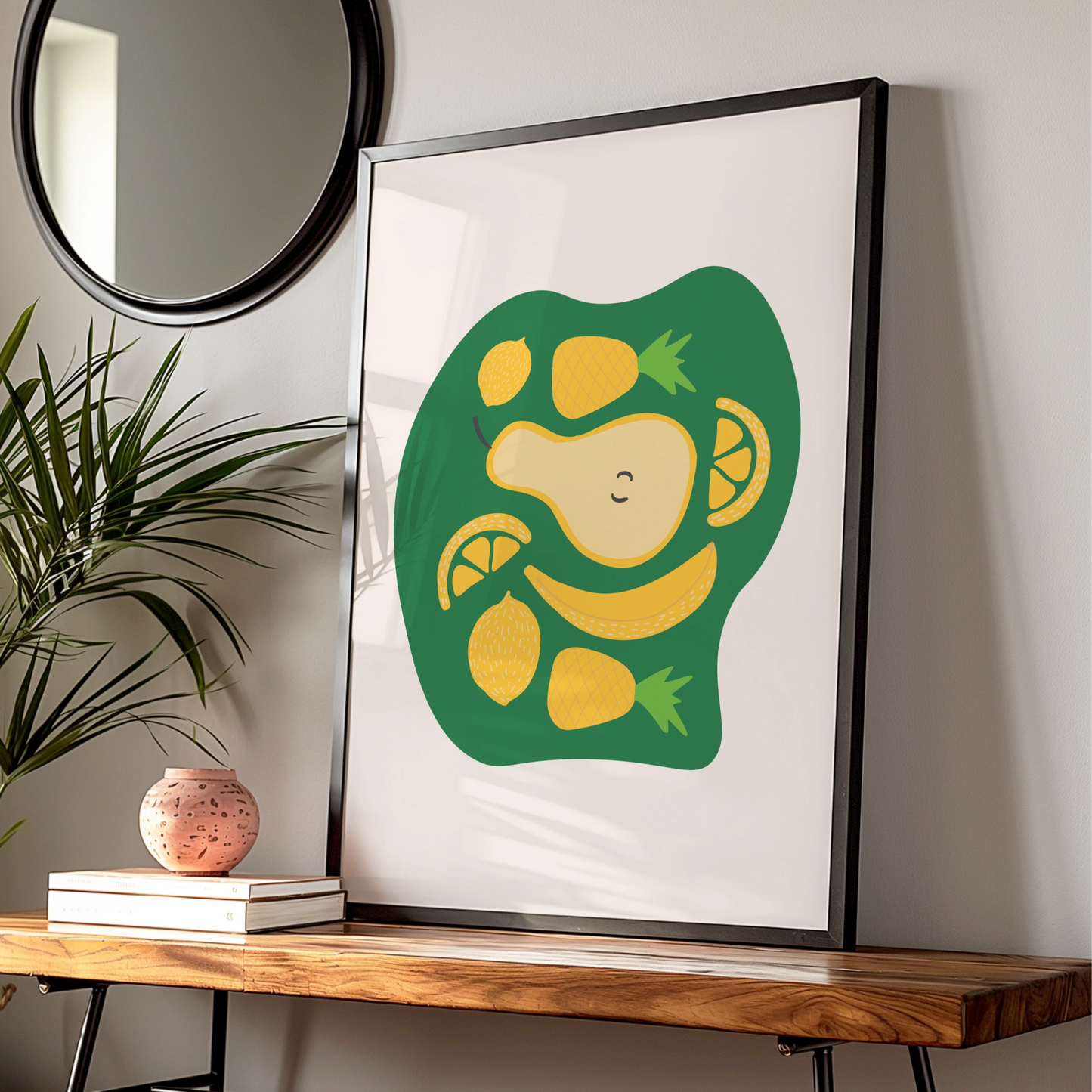 Fruit Kitchen Wall Art, Yellow Green Pear Lemon Banana Pineapple Poster, Fun Kitchen Print