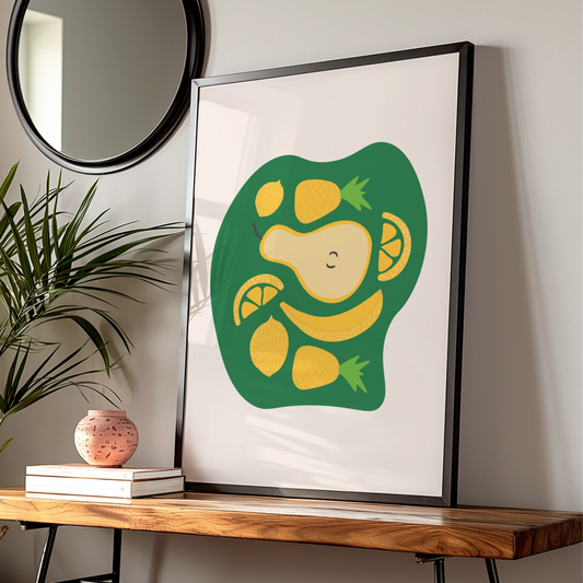 Fruit Kitchen Wall Art, Yellow Green Pear Lemon Banana Pineapple Poster, Fun Kitchen Print