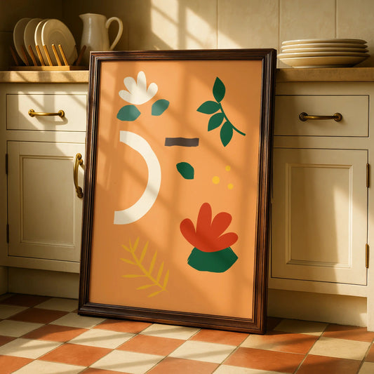 Botanical Kitchen Wall Art, Orange Boho Floral Poster, Leaf Print, Modern Home Decor