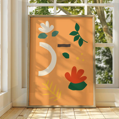 Botanical Kitchen Wall Art, Orange Boho Floral Poster, Leaf Print, Modern Home Decor