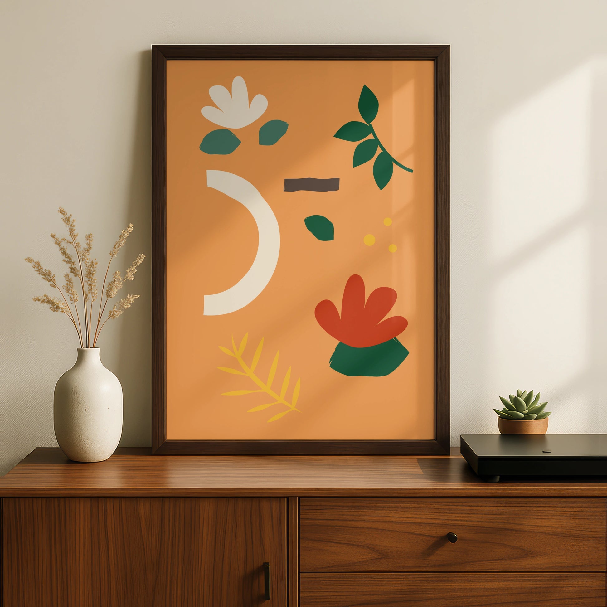 Botanical Kitchen Wall Art, Orange Boho Floral Poster, Leaf Print, Modern Home Decor
