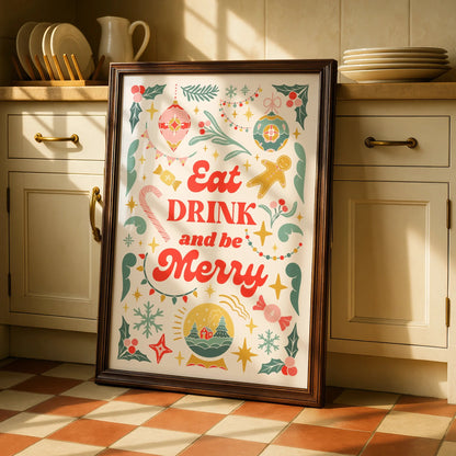 Eat Drink and Be Merry Christmas Kitchen Print, Festive Holiday Wall Art Poster