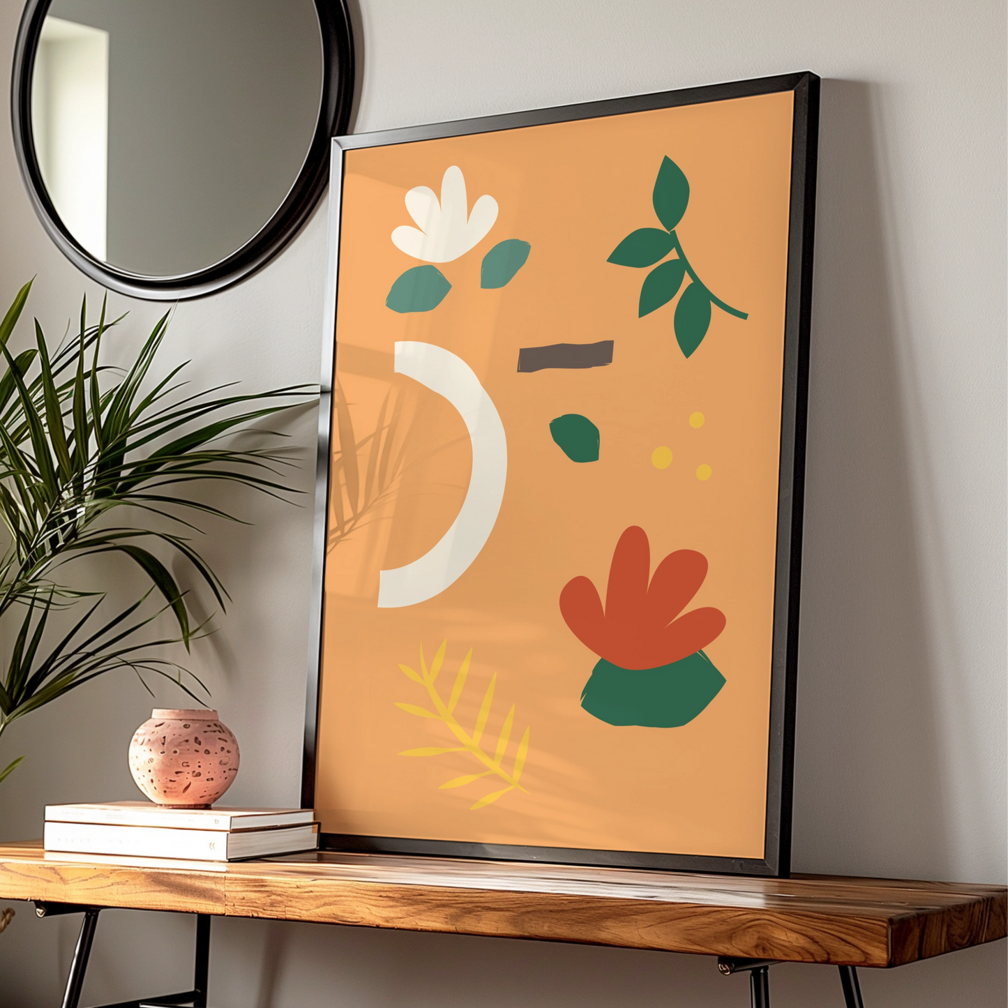Botanical Kitchen Wall Art, Orange Boho Floral Poster, Leaf Print, Modern Home Decor