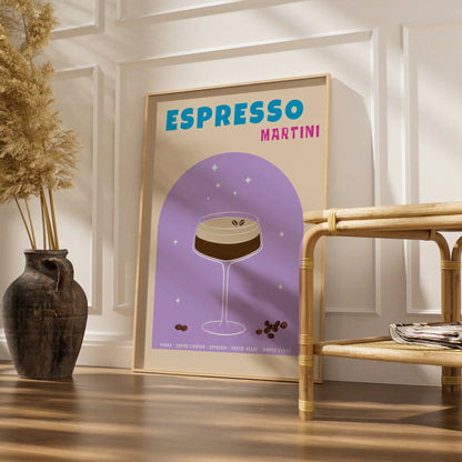 Espresso Martini Kitchen Print, Cocktail Wall Art, Bar Cart Poster, Retro Purple
