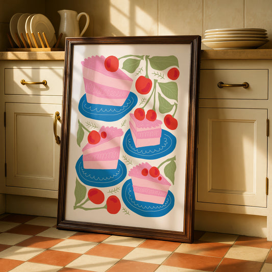 Cherry Cake Kitchen Wall Art, Bakery Poster, Pink Cake Print, Fun Kitchen Decor