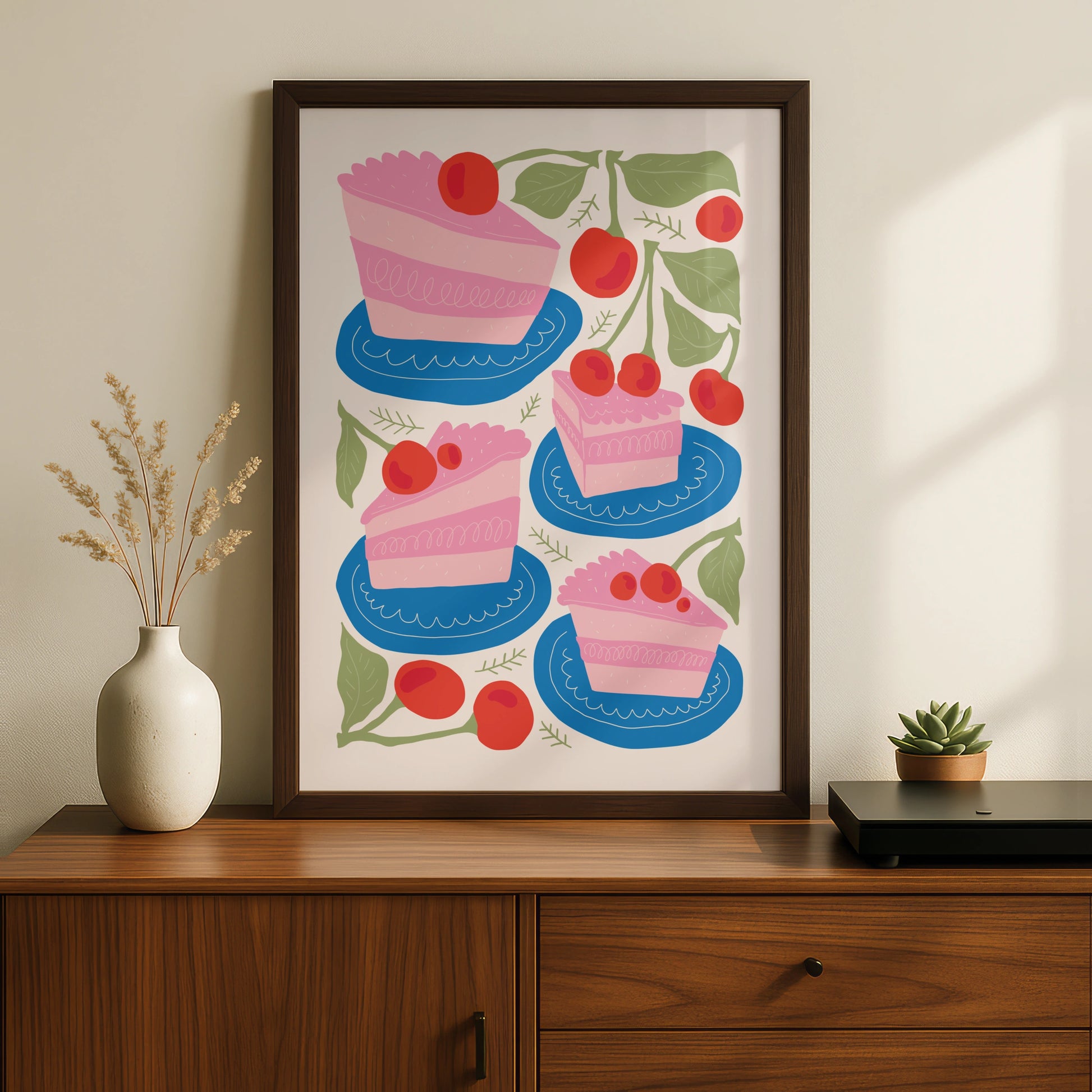 Cherry Cake Kitchen Wall Art, Bakery Poster, Pink Cake Print, Fun Kitchen Decor