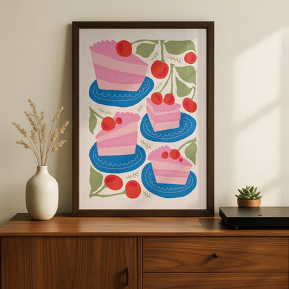 Cherry Cake Kitchen Wall Art, Bakery Poster, Pink Cake Print, Fun Kitchen Decor