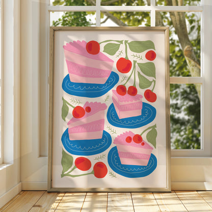 Cherry Cake Kitchen Wall Art, Bakery Poster, Pink Cake Print, Fun Kitchen Decor