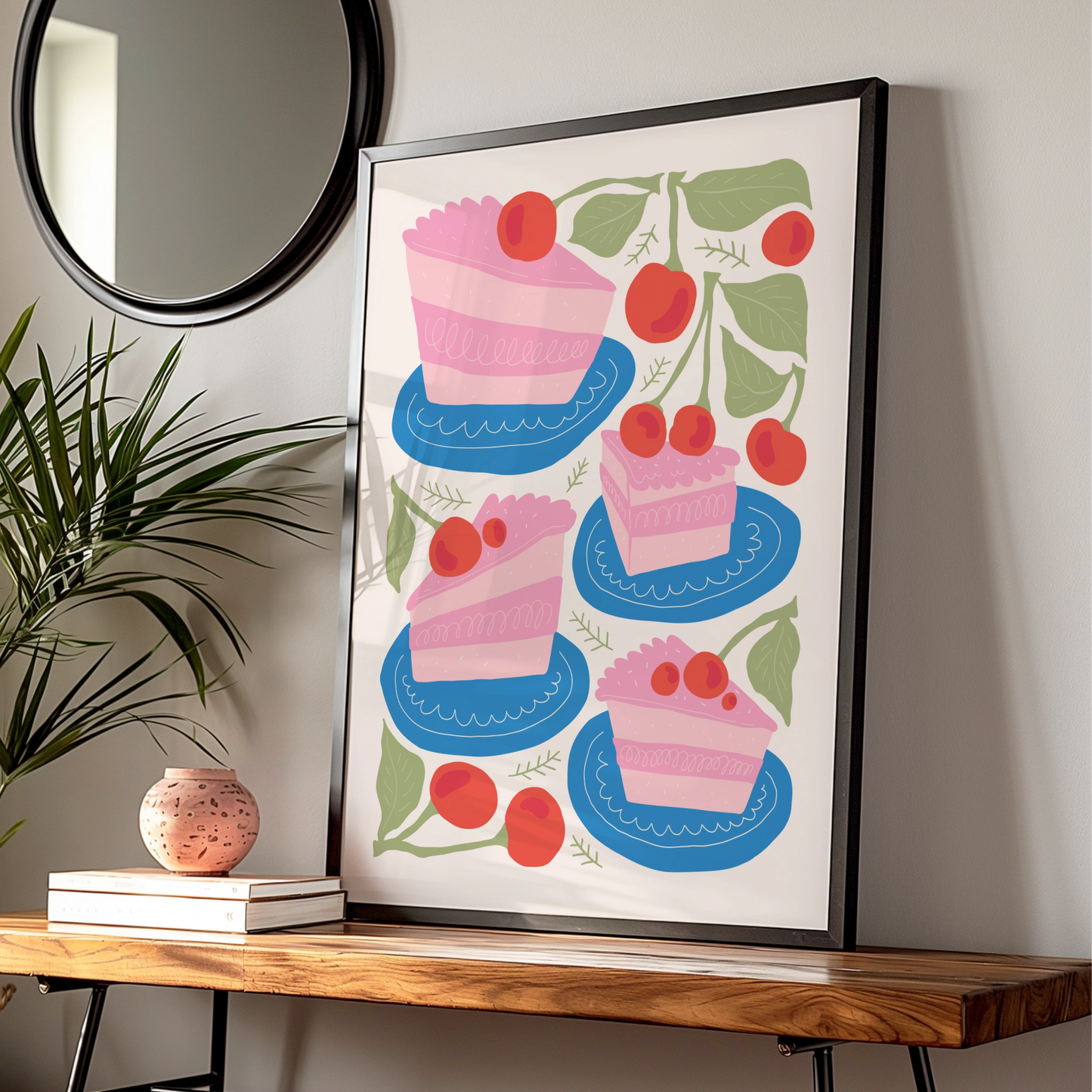 Cherry Cake Kitchen Wall Art, Bakery Poster, Pink Cake Print, Fun Kitchen Decor