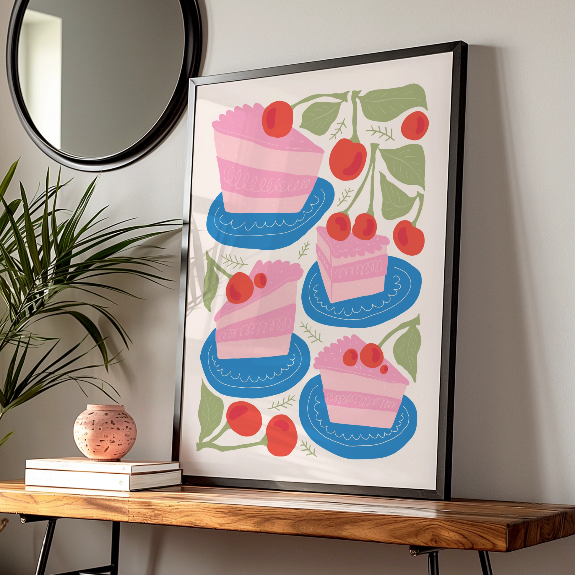 Cherry Cake Kitchen Wall Art, Bakery Poster, Pink Cake Print, Fun Kitchen Decor