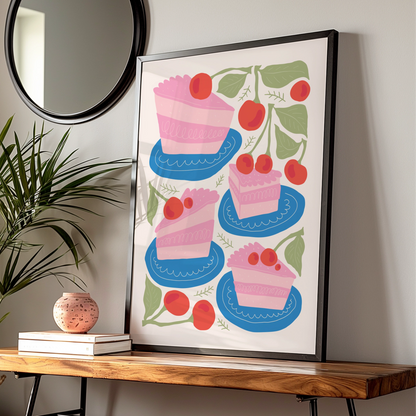 Cherry Cake Kitchen Wall Art, Bakery Poster, Pink Cake Print, Fun Kitchen Decor