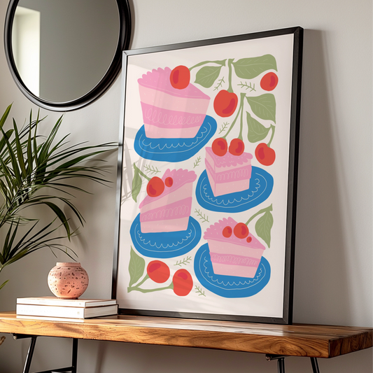 Cherry Cake Kitchen Wall Art, Bakery Poster, Pink Cake Print, Fun Kitchen Decor