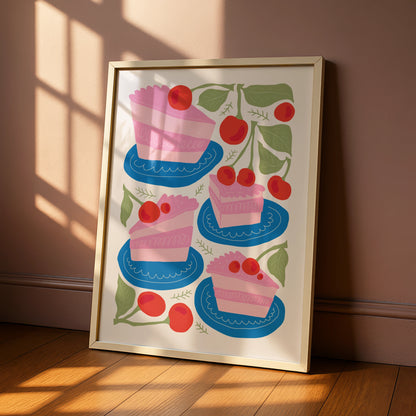 Cherry Cake Kitchen Wall Art, Bakery Poster, Pink Cake Print, Fun Kitchen Decor