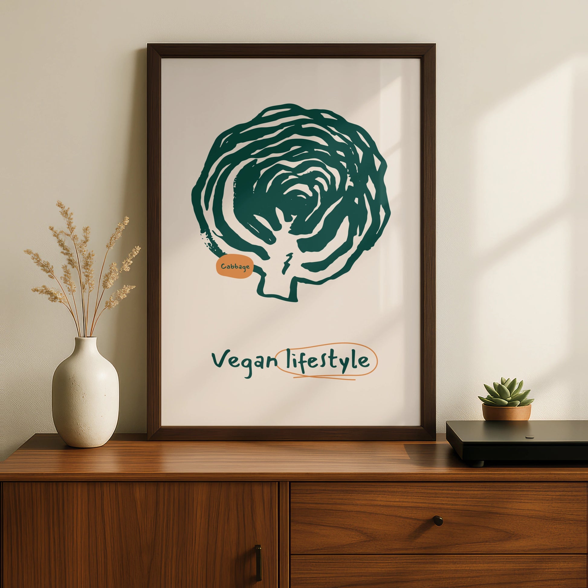 Vegan Kitchen Wall Art, Cabbage Print, Green Vegetable Poster, Modern Kitchen Decor