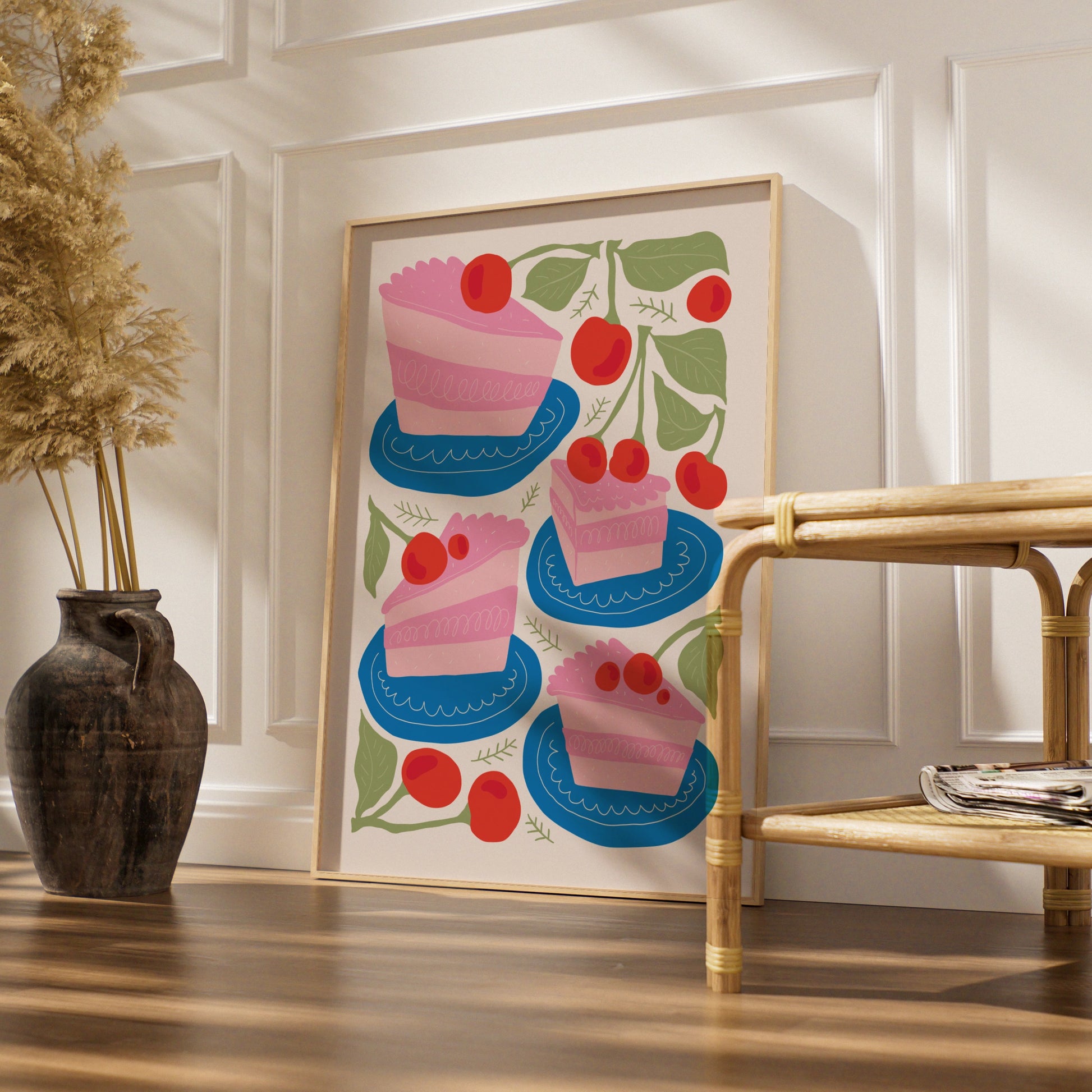 Cherry Cake Kitchen Wall Art, Bakery Poster, Pink Cake Print, Fun Kitchen Decor