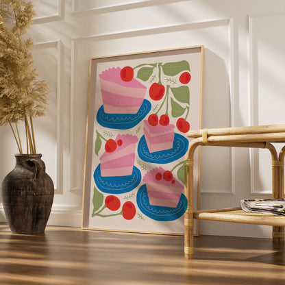 Cherry Cake Kitchen Wall Art, Bakery Poster, Pink Cake Print, Fun Kitchen Decor