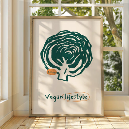 Vegan Kitchen Wall Art, Cabbage Print, Green Vegetable Poster, Modern Kitchen Decor