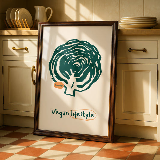 Vegan Kitchen Wall Art, Cabbage Print, Green Vegetable Poster, Modern Kitchen Decor
