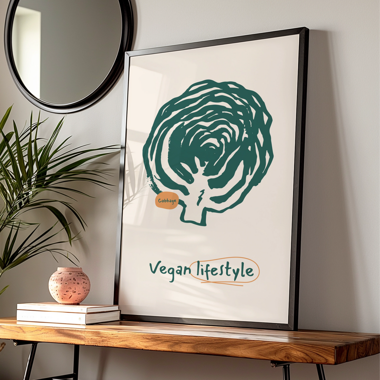 Vegan Kitchen Wall Art, Cabbage Print, Green Vegetable Poster, Modern Kitchen Decor