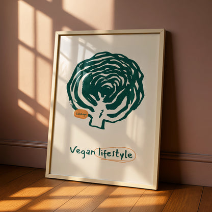 Vegan Kitchen Wall Art, Cabbage Print, Green Vegetable Poster, Modern Kitchen Decor