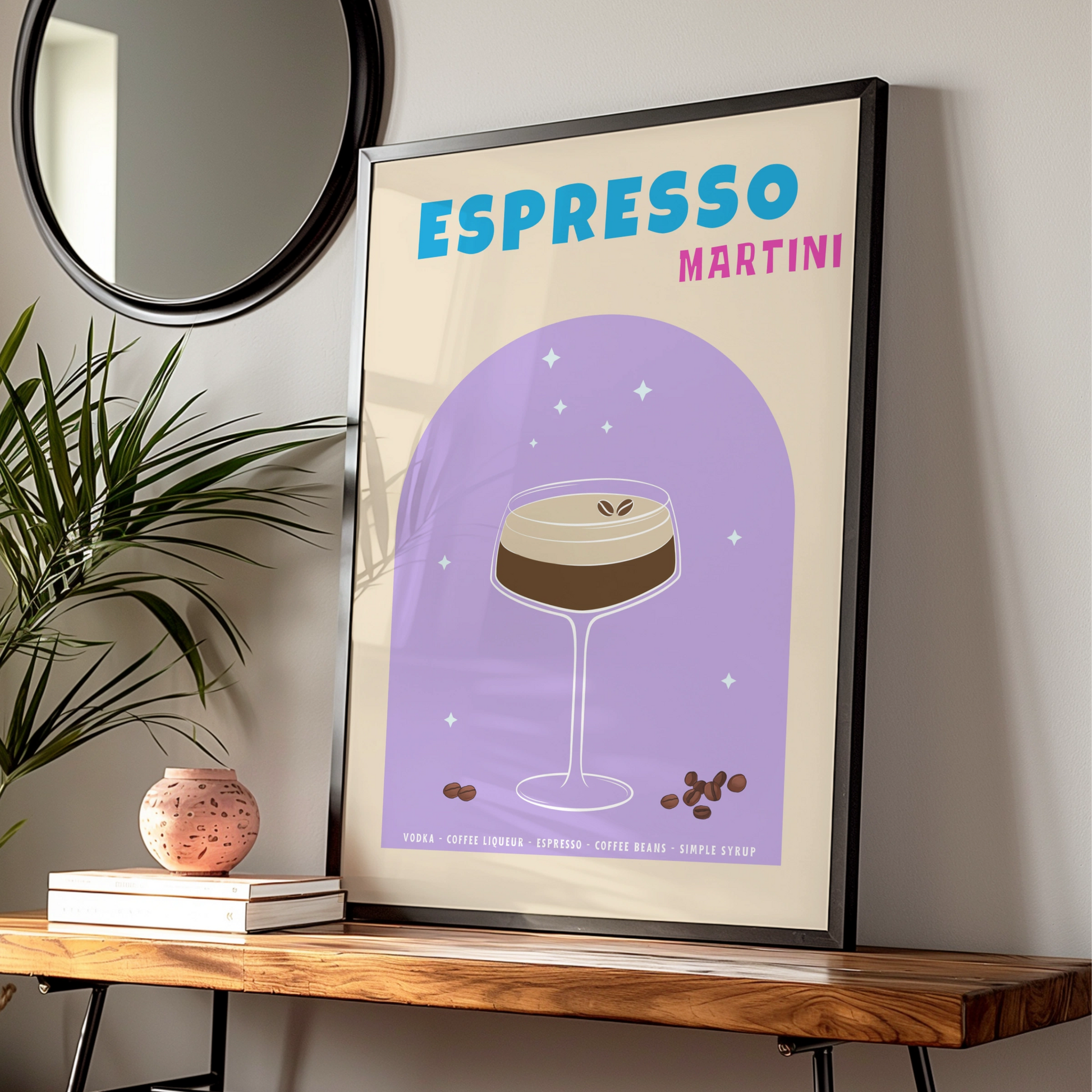Espresso Martini Kitchen Print, Cocktail Wall Art, Bar Cart Poster, Retro Purple