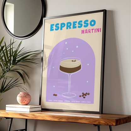 Espresso Martini Kitchen Print, Cocktail Wall Art, Bar Cart Poster, Retro Purple