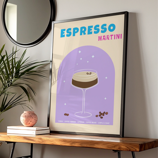 Espresso Martini Kitchen Print, Cocktail Wall Art, Bar Cart Poster, Retro Purple