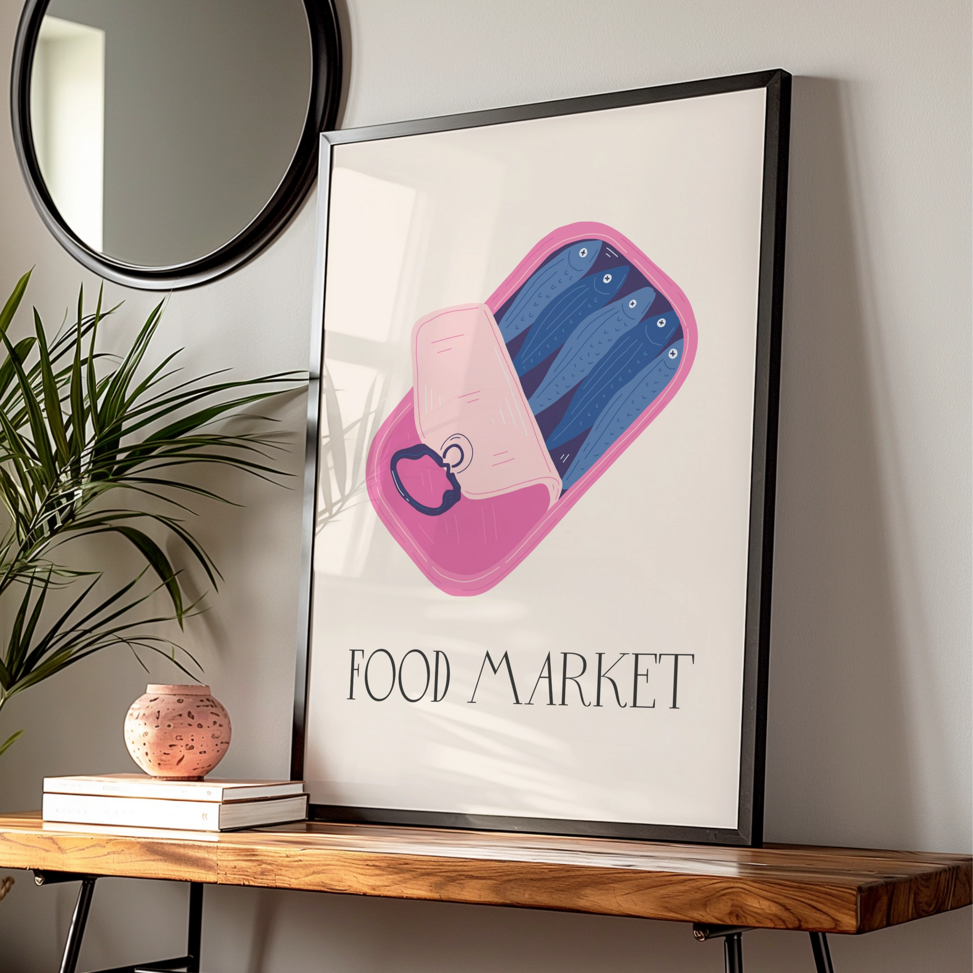Sardine Tin Kitchen Print, Food Market Poster, Pink Fish Can Wall Art, Quirky Kitchen Decor