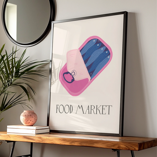 Sardine Tin Kitchen Print, Food Market Poster, Pink Fish Can Wall Art, Quirky Kitchen Decor