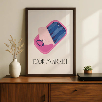 Sardine Tin Kitchen Print, Food Market Poster, Pink Fish Can Wall Art, Quirky Kitchen Decor