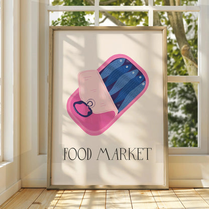 Sardine Tin Kitchen Print, Food Market Poster, Pink Fish Can Wall Art, Quirky Kitchen Decor