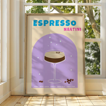 Espresso Martini Kitchen Print, Cocktail Wall Art, Bar Cart Poster, Retro Purple
