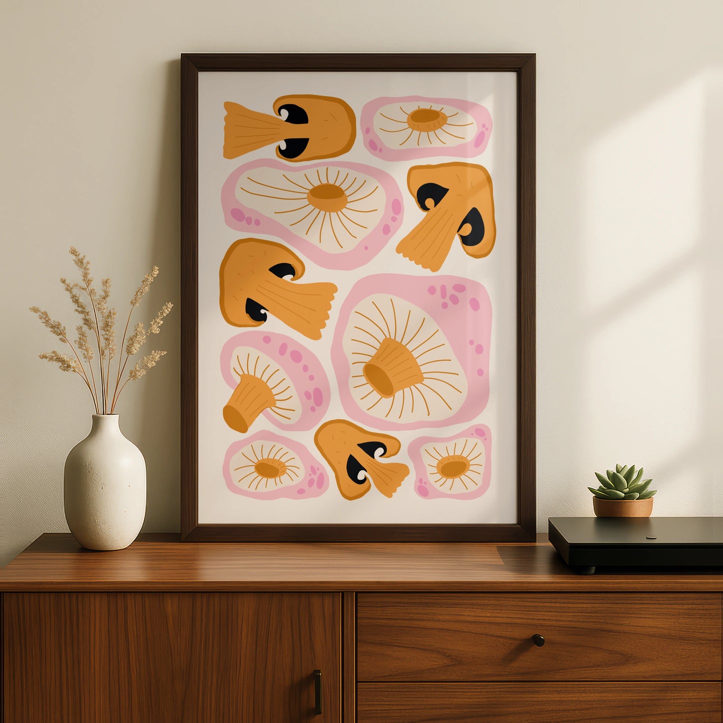 Mushroom Kitchen Art Print, Funky Retro Fungi Poster, Pink Orange Wall Art, Boho Kitchen Decor