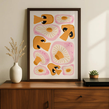 Mushroom Kitchen Art Print, Funky Retro Fungi Poster, Pink Orange Wall Art, Boho Kitchen Decor