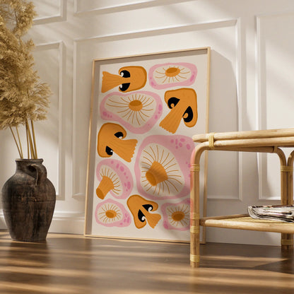 Mushroom Kitchen Art Print, Funky Retro Fungi Poster, Pink Orange Wall Art, Boho Kitchen Decor
