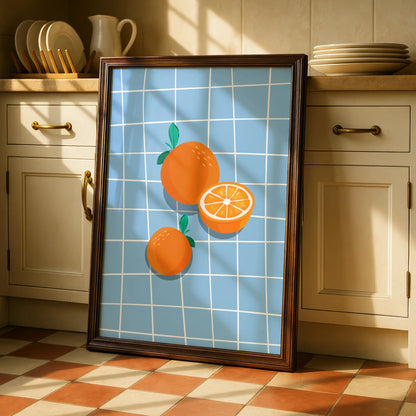 Orange Fruit Kitchen Wall Art, Citrus Poster, Blue Tile Print, Retro Kitchen Decor